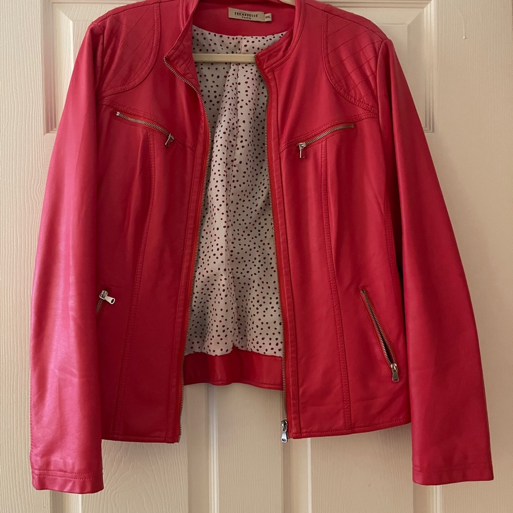 European bomber style jacket in coral color.